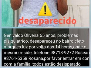 Família procura idoso desaparecido na parte alta de Maceió
