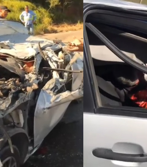 [Vídeo] Motorista fica preso às ferragens após acidente entre carro e caminhão em Rio Largo