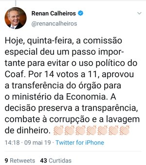Renan Calheiros comemora retirada do Coaf de Sérgio Moro