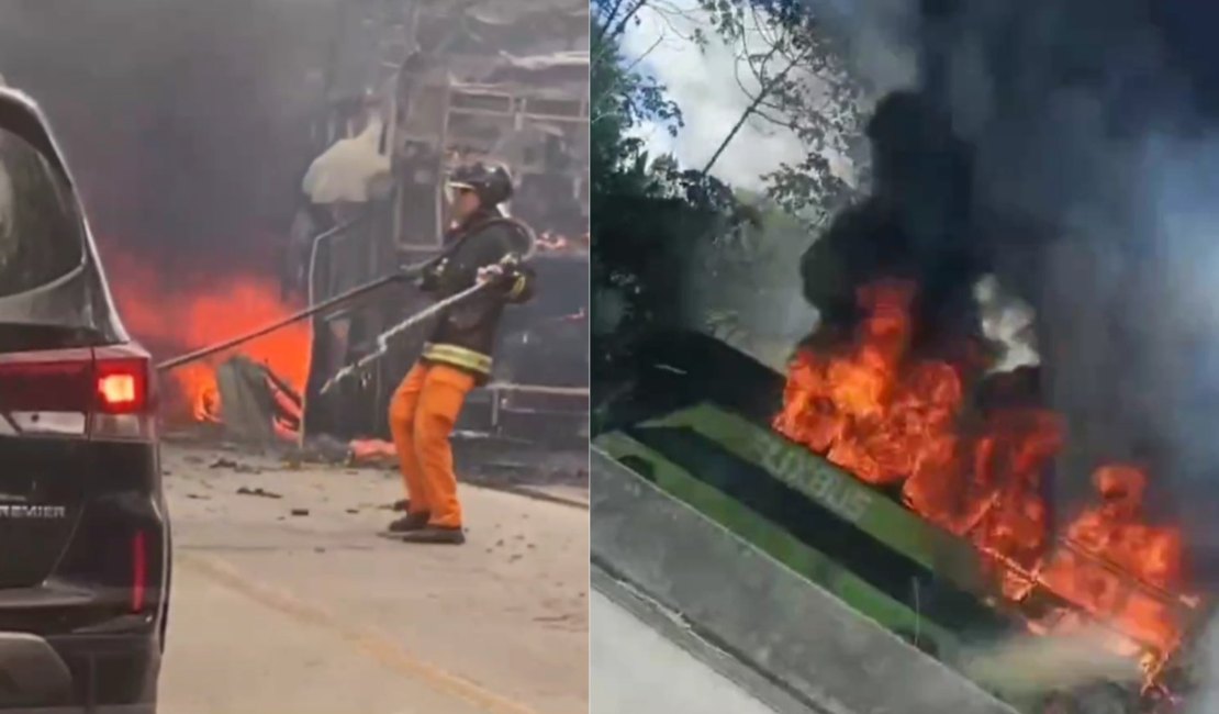 [Vídeo] Ônibus pega fogo na BR-101, próximo a Joaquim Gomes