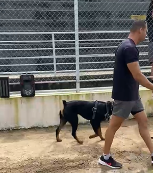 Cão k9 Dark, do  3° BPM, passa por treinamento em estádio de Arapiraca