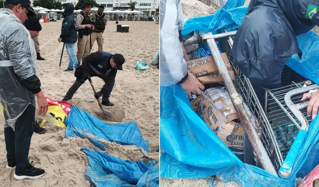 Agentes encontram depósito ilegal de bebidas enterrado na areia da praia de Copacabana