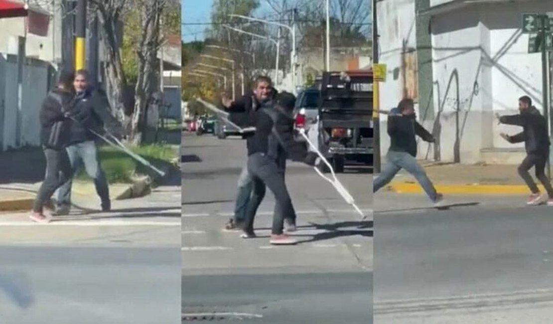 Homem com muletas surpreende ao sair correndo de briga