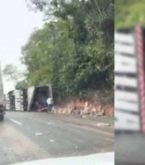 Carga de queijo é saqueada após caminhão tombar na BR-101, perto do município de Flexeiras