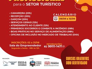 Cursos gratuitos para capacitação profissional no setor turístico estão com inscrições abertas, em Penedo