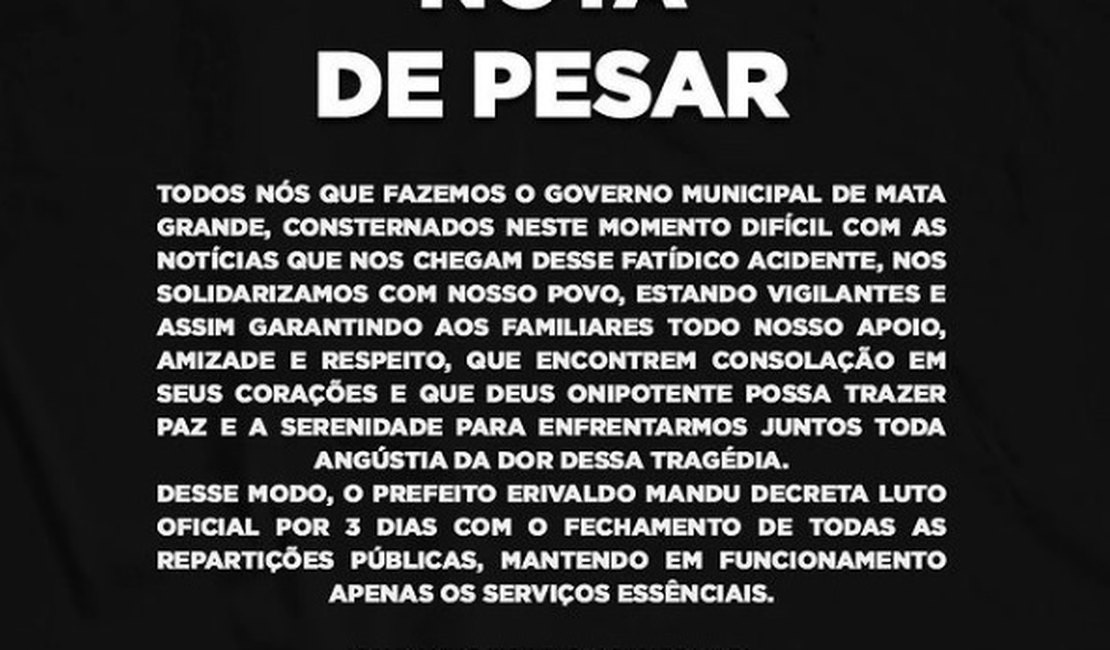 Prefeitura de Mata Grande decreta luto oficial de três dias em decorrência de acidente em Minas Gerais