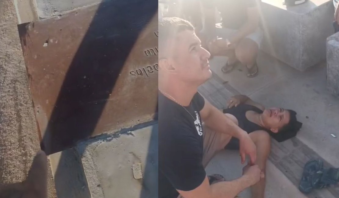 Mulher quase perde pé em calçada desnivelada em Arapiraca