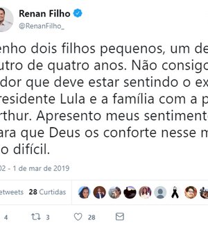 Renan Filho se solidariza com ex-presidente Lula após morte de neto
