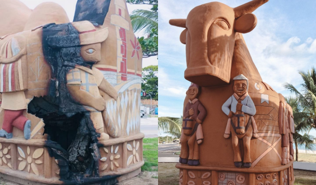 'Boi-Bumbá', obra do mestre João das Alagoas é incendiada na orla de Maceió