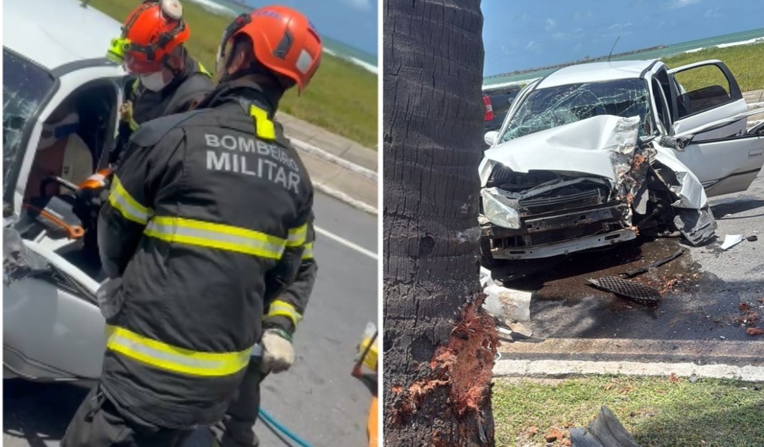 ﻿Carro colide contra coqueiro e motorista fica preso às ferragens na Av.﻿ Assis Chateaubriand