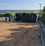 Carreta tomba na BR 101 e deixa carga de milho espalhada na pista