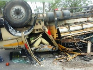 Motorista perde controle de caminhão e capota na BR-316