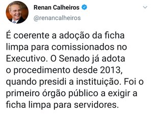 Renan Calheiros diz que é coerente adoção da ficha limpa no Executivo