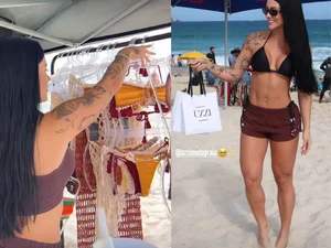'Não tenho vergonha de trabalhar': namorada de Belo vende biquínis na praia