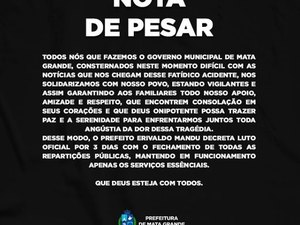 Prefeitura de Mata Grande decreta luto oficial de três dias em decorrência de acidente em Minas Gerais