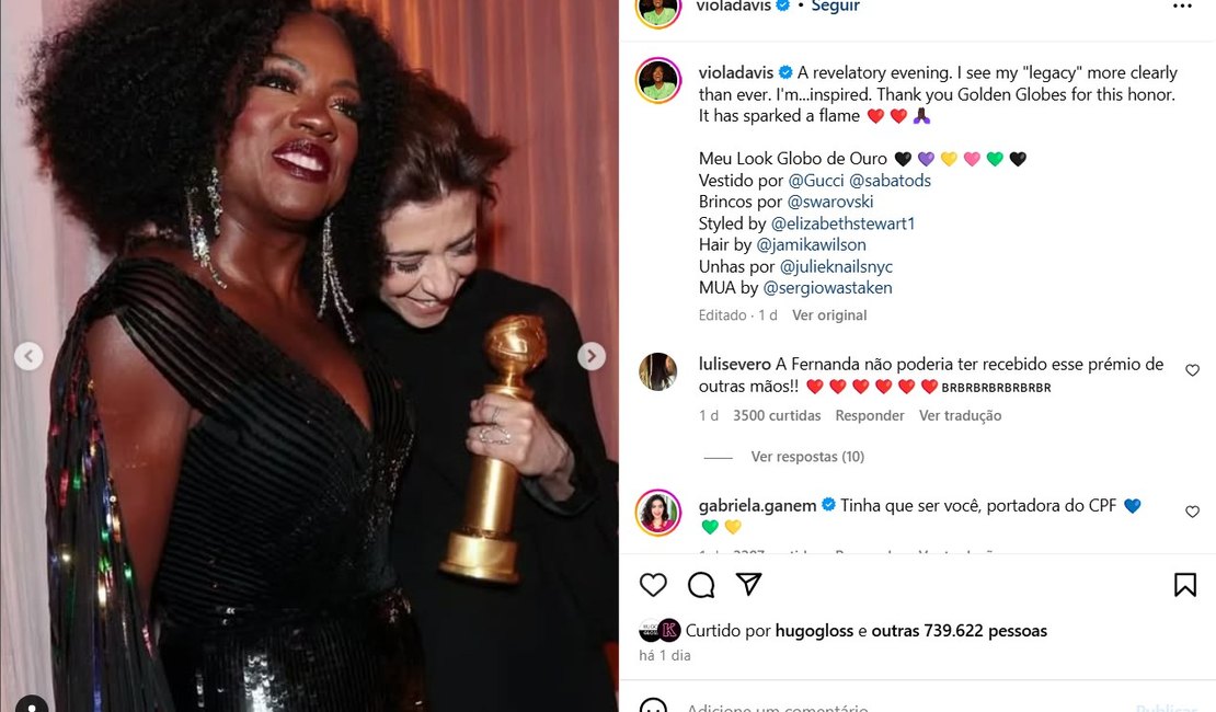 Viola Davis homenageia Fernanda Torres em postagem no Instagram