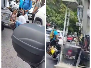 [Vídeo] Motociclista fica ferido após colidir contra carro e ser atropelado por caminhão