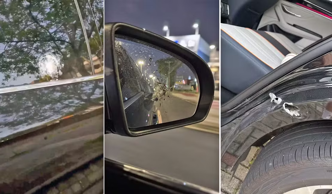 Veja como ficou o carro do goleiro Rossi após tentativa de assalto com tiros na Linha Amarela