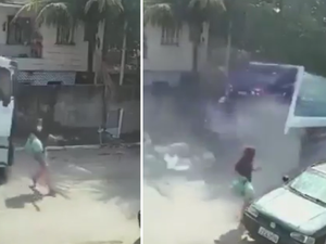 [Vídeo ] Caminhão de lixo desgovernado quase atropela mulher; oito carros foram atingidos