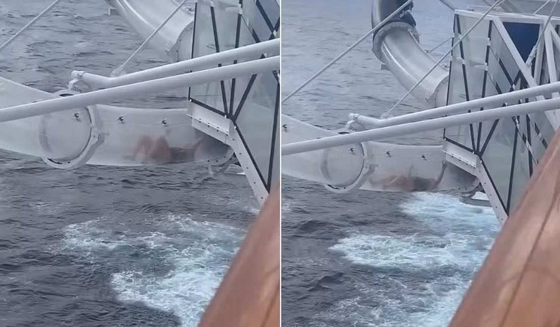 Passageira de navio de cruzeiro vive momento de terror ao ficar presa em toboágua suspenso no mar
