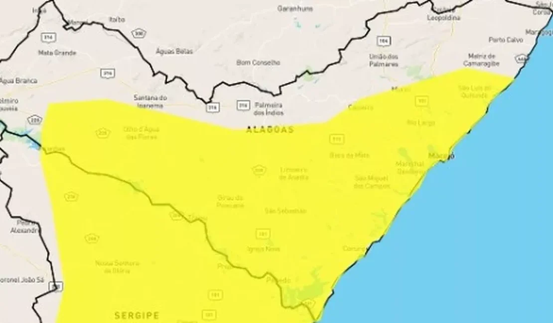 Inmet emite alerta de chuva amarelo para 73 cidades de Alagoas
