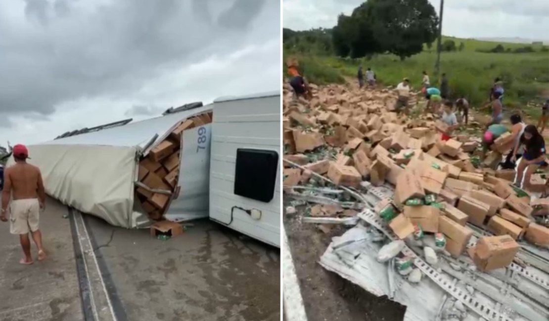 [Vídeo] Carreta tomba na BR-101, em Junqueiro, e carga é totalmente saqueada por populares