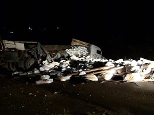 Carreta carregada de adubo tomba na AL-101 Sul, na Barra de São Miguel