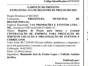 Prefeitura de Branquinha anuncia gasto de mais de R$ 7,5 milhões com empresa de eventos
