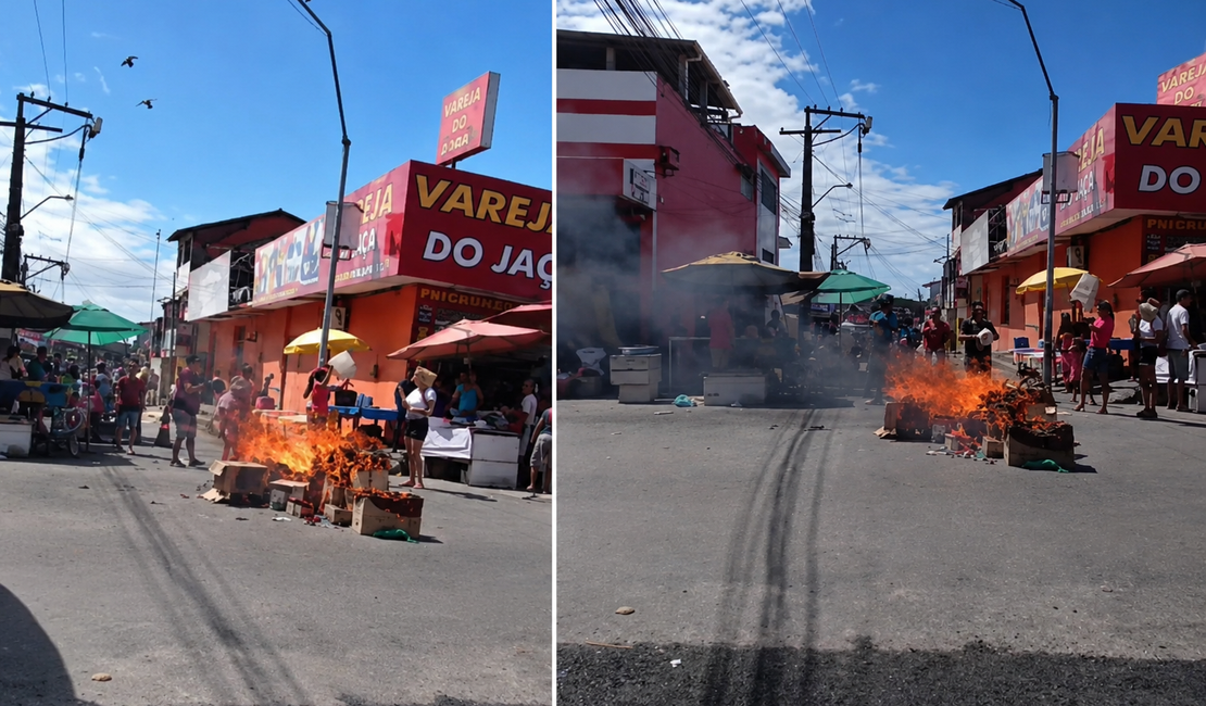 Moradores protestam por falta de água e interditam rua com fogo no Jacintinho