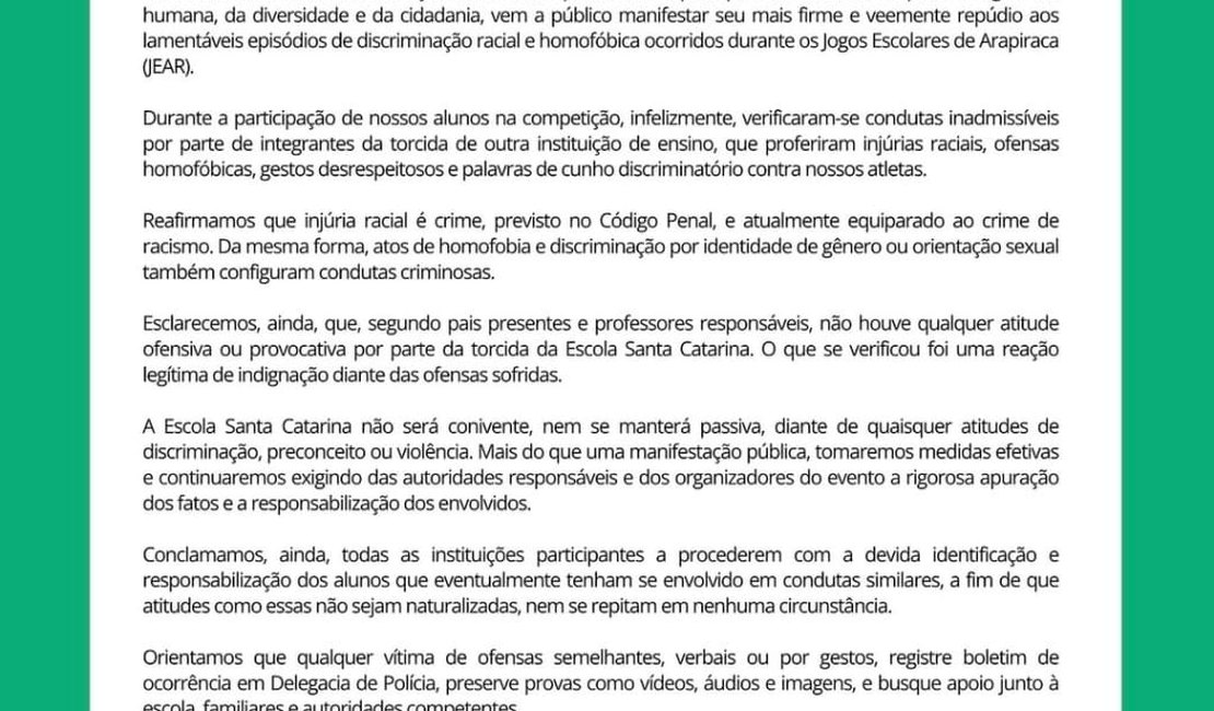 Escola repudia ataques racistas e homofóbicos em jogos escolares em Arapiraca