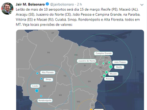 Bolsonaro confirma no Twitter leilão do Aeroporto Zumbi dos Palmares