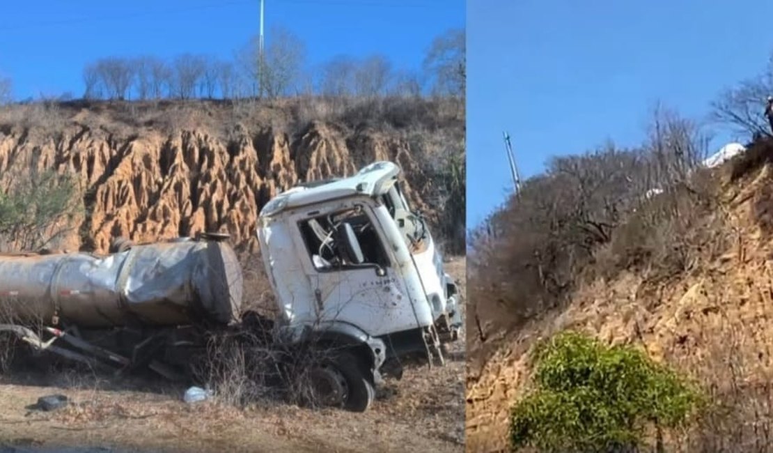 Caminhão com carga de leite capota na Serra das Espias em Palmeira dos Índios