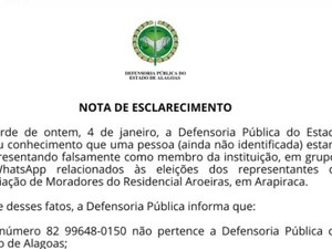 Defensoria Pública emite nota sobre perfil fake criado para tratar de eleição de residencial em Arapiraca