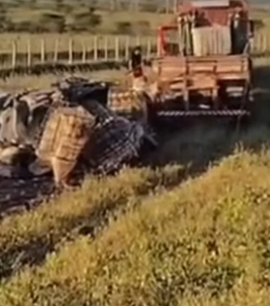 Caminhão com carga de tilápias sai da pista para evitar colisão na BR-423, em Delmiro Gouveia