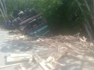 Caminhão carregado de madeira tomba após curva na BR-101