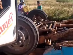 Caminhão que transportava insumos tomba na AL-220 em São José da Tapera