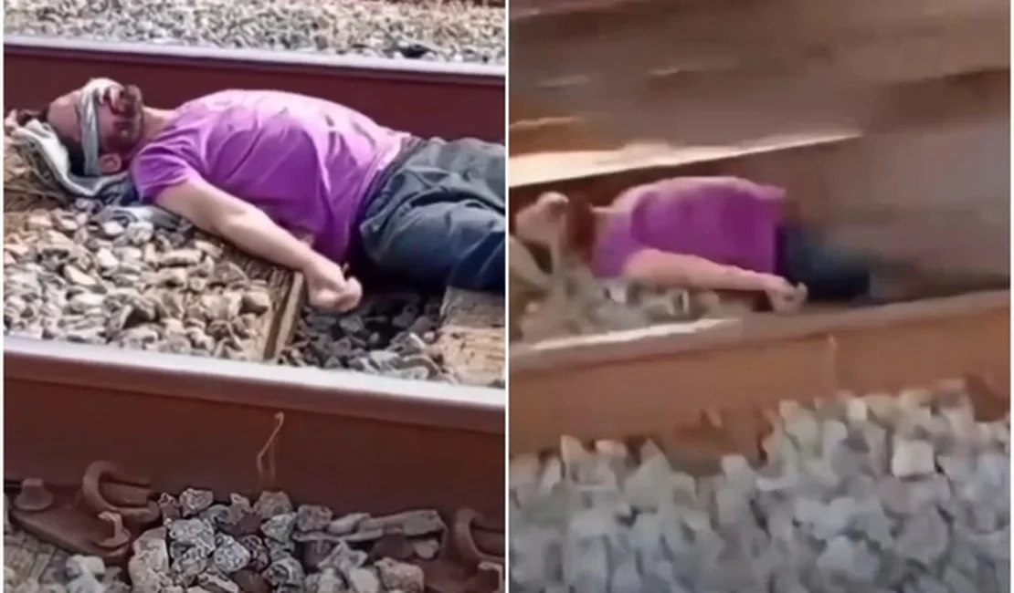 Homem deita em trilho e trem passa por cima dele em trend viral