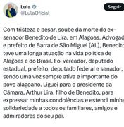 ‘Voz importante do povo alagoano’, diz Lula sobre morte de Biu de Lira