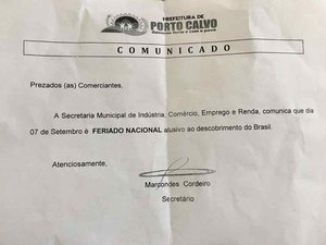 Prefeitura de Porto Calvo confunde comemoração de 7 de Setembro