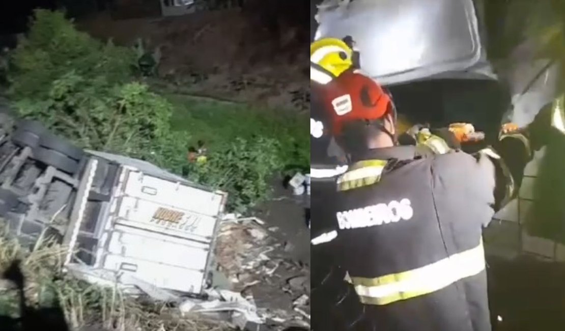 [Vídeo] Carreta tomba e deixa condutor gravemente ferido na BR-101 em Joaquim Gomes