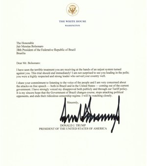 Em carta a Bolsonaro, Trump defende fim imediato de julgamento do STF