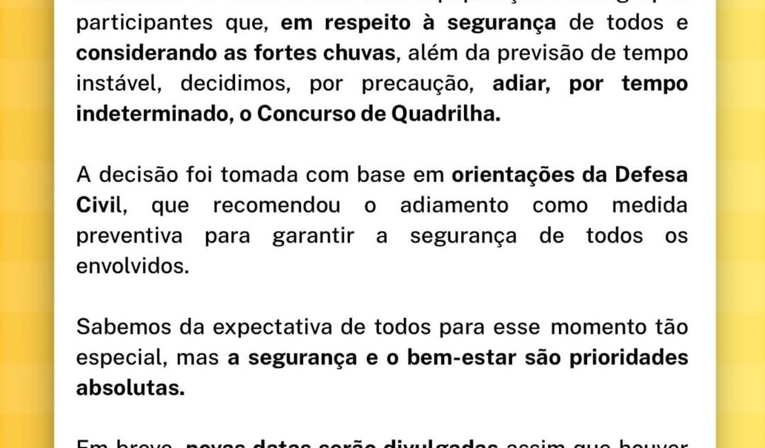 Concurso de Quadrilhas Juninas de São Luís do Quitunde é adiado