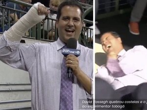 ‘Holy crap!’: repórter se quebra ao escorregar em tobogã de estádio nos EUA; assista