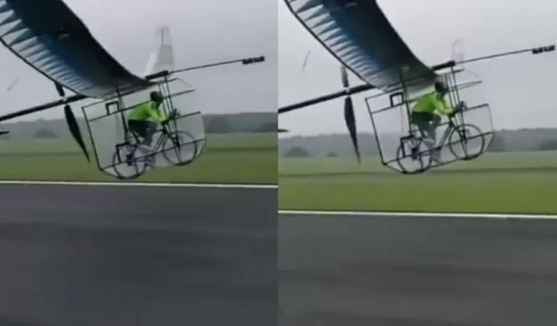 Homem pedala em 'bicicleta voadora' e consegue decolar; veja