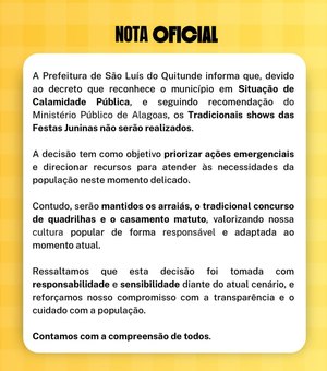 Prefeitura cancela shows das Festas Juninas em São Luís do Quitunde