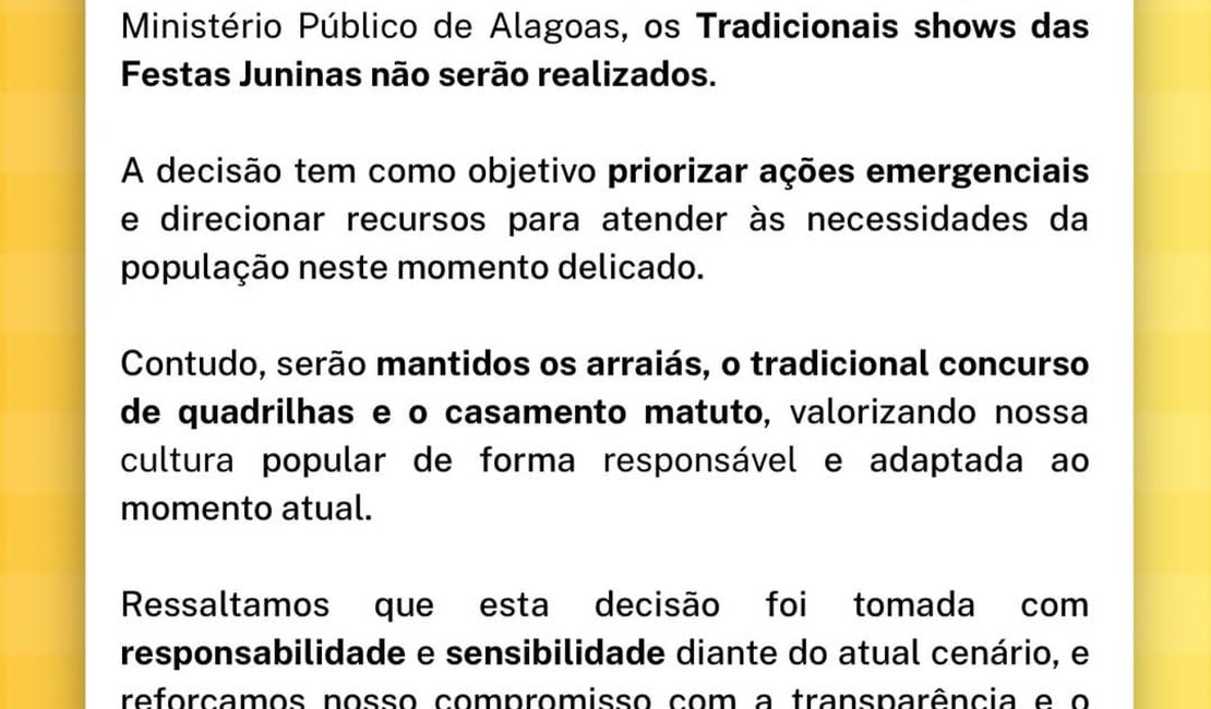 Prefeitura cancela shows das Festas Juninas em São Luís do Quitunde