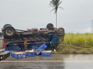 Caminhão que transportava galinhas vivas tomba na zona rural de Arapiraca