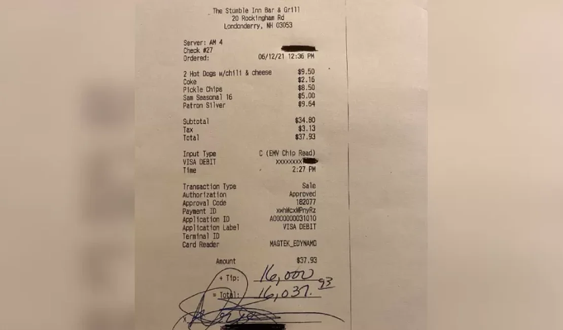 Cliente deixa gorjeta de US$ 16.000 em restaurante nos EUA