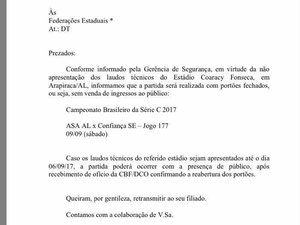 ASA e Confiança poderá ser com portões fechados; Laudo está sendo providenciado