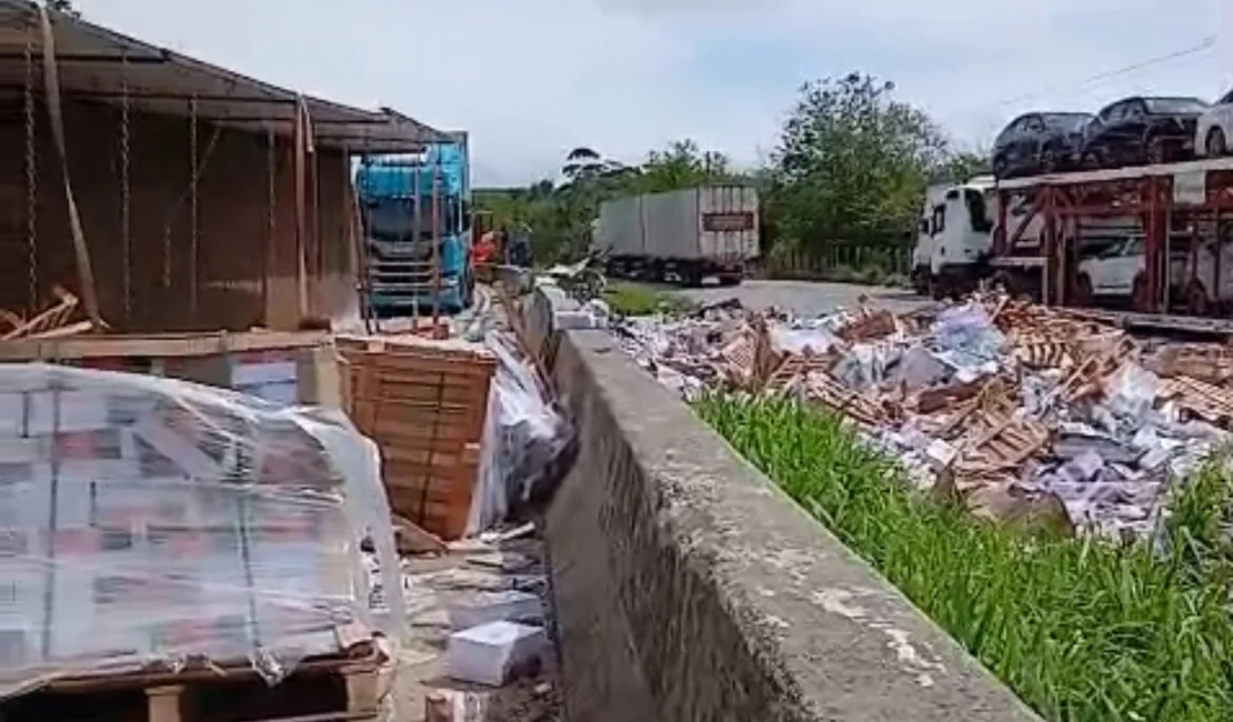 Caminhão com carga de livros tomba na BR-101 entre Messias e Flexeiras